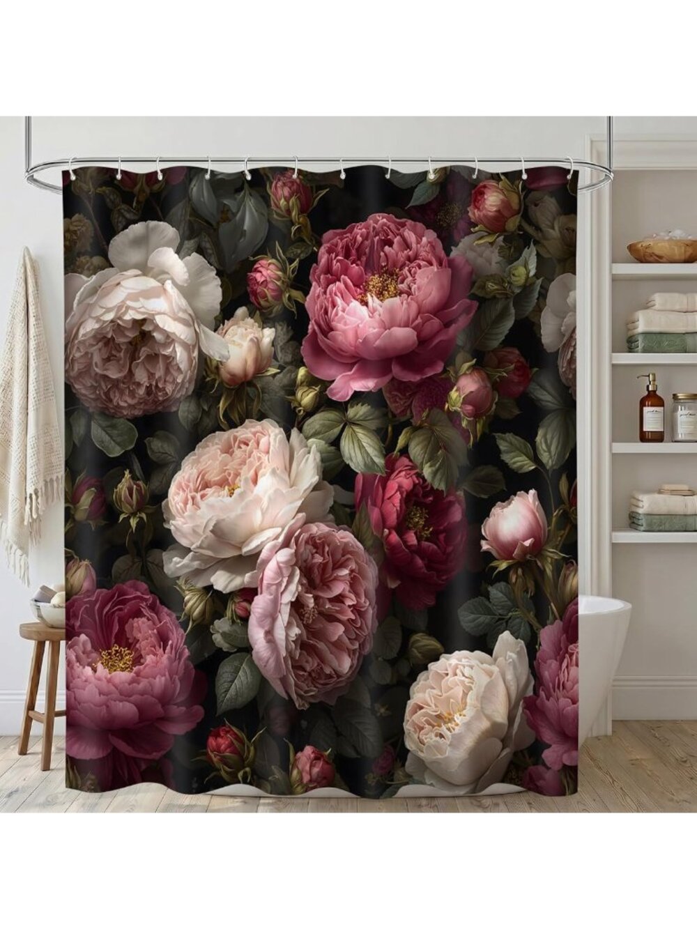 Vintage Floral Shower Curtain, Black Pink Rose Peony Design, 72x72 Inch Decor